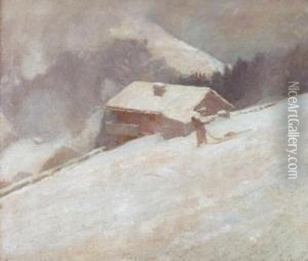 Winterliche Landschaft Mit Bauernhaus Und Frau. Oil Painting - Abraham Hermanjat