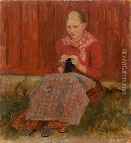 A Girl Knitting Oil Painting - Albert Edelfelt