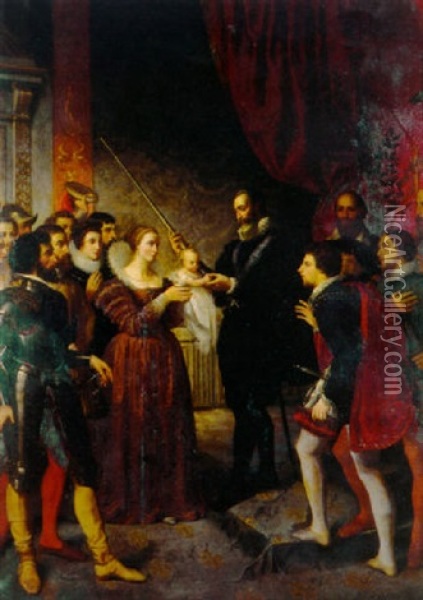 Henri Iv Remet Une Epee A Louis Xiii, Enfant, En Presence De Marie De Medicis Et La Cour Oil Painting - Louis Henri Hautier