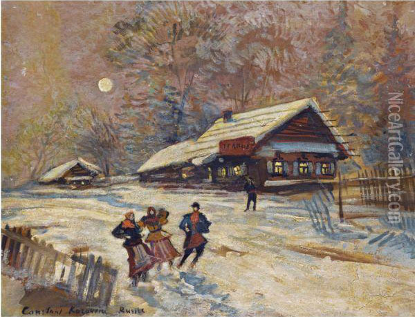 Merrymakers Outside The Tavern Oil Painting - Konstantin Alexeievitch Korovin