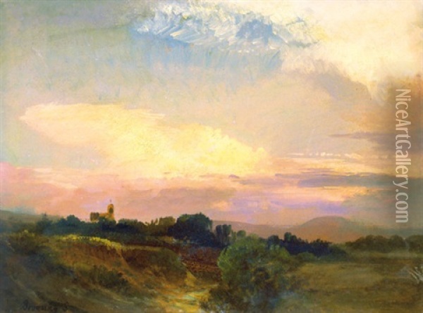 Landscape With Church Oil Painting - Sandor Brodszky