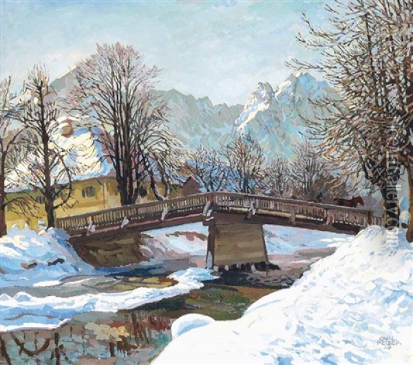Fluss Mit Brucke Im Winter Oil Painting - Carl Reiser