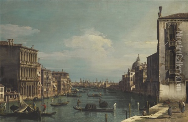 Venice, A View Of The Grand Canal Looking East From The Campo Di San Vio, To The Left The Palazzo Correr Oil Painting - Bernardo Bellotto
