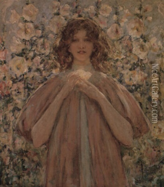 Young Woman In Pink Oil Painting - Robert Reid