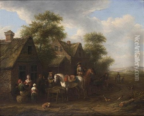 A Village Scene With Horsemen Halting Near Farmhouses And Other Figures Conversing Oil Painting - Barend Gael