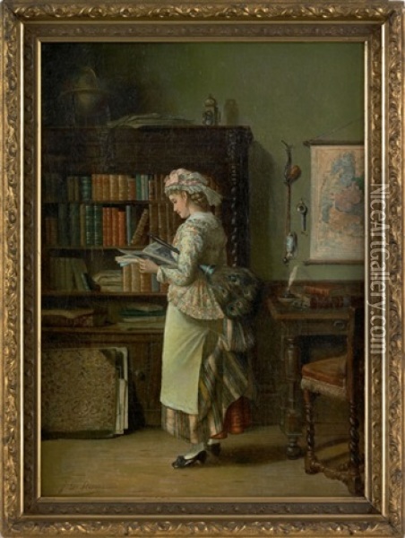 Interior Scene With A Young Woman Reading Oil Painting - John D. Stevens