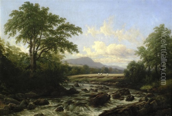 On The Usk Near Trecastle Oil Painting - Thomas Baker