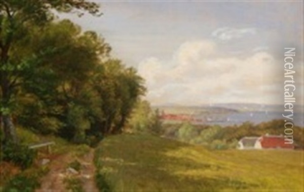 Fiord Landscape With A View To A City Oil Painting - Vilhelm Peter Carl Petersen