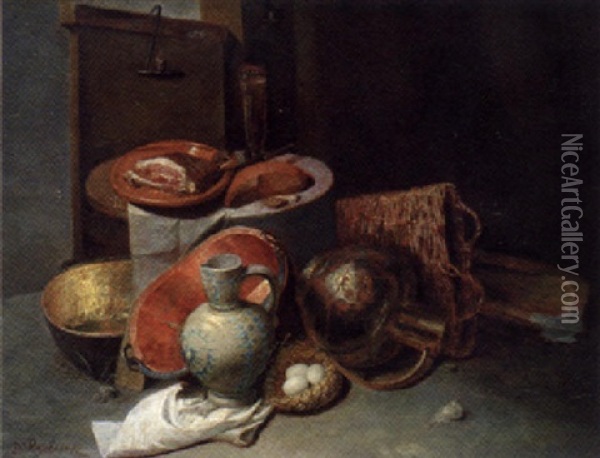 Copper Pots, A Stoneware Jug, A Bird's Nest And A Basket With A Dish Of Ham, A Cheese And A Glass On A Partially Draped Table Oil Painting - David Ryckaert III