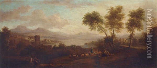 An Extensive Landscape Landscape With Shepherds Oil Painting - Jan Van Huysum