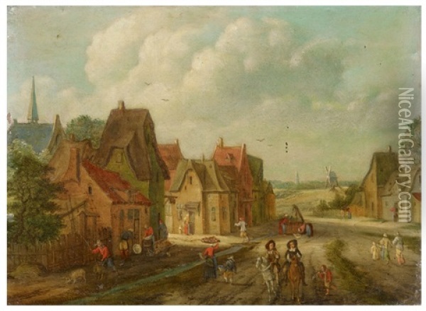 Village Street With Horsemen And Peasants Oil Painting - Peter Gysels