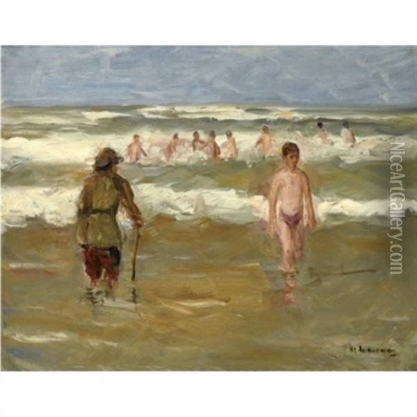 Badende Knaben Mit Strandwachter (boys Bathing With Beach Warden) Oil Painting - Max Liebermann