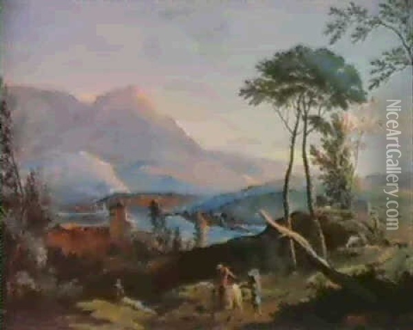 Peasants In A Landscape With Mountains In The Background Oil Painting - Marco Ricci