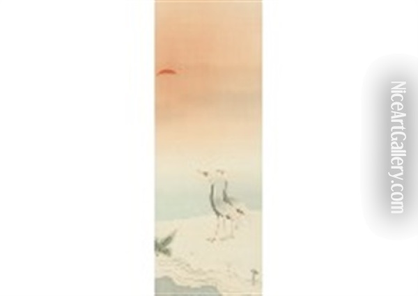 Two Cranes In Sunrise Oil Painting -  Shimomura Kanzan (Seizaburo)