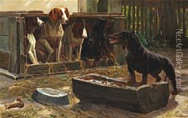Fve Dogs Watching A Furious Dachshund Oil Painting - Simon Simonsen