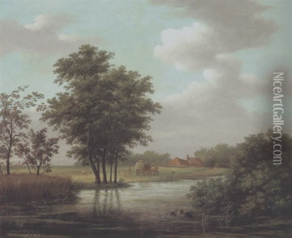 Hollandische Flusslandschaft Mit Einem Heuwagen Oil Painting - Hendrick Van Der Burgh