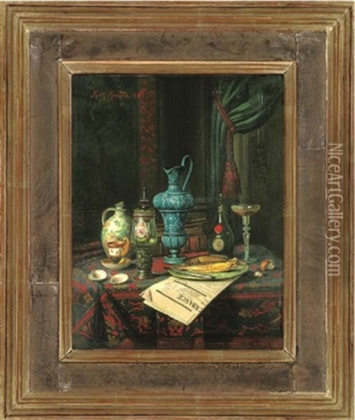 Wine, Jugs, Cups, A Glass, With Fish On A Plate, On A Newspaper, In An Interior Oil Painting - Moritz Mansfeld