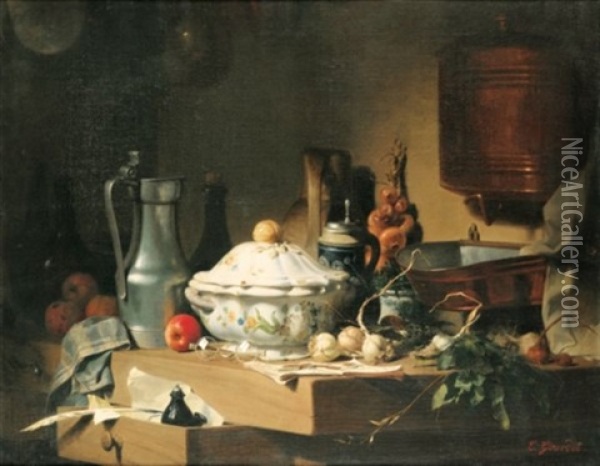 Nature Morte A La Soupiere, Aux Lunettes Et Aux Gousses D'ail Oil Painting - Pierre-Eugene Gourdet