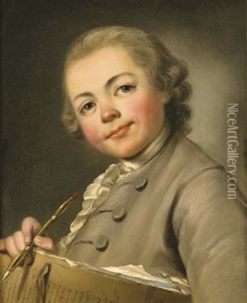 Portrait Of A Young Man, Louis Berthier-bizy (?), Carrying A Drawings Portfolio And Chalk Oil Painting - Nicolas Bernard Lepicie