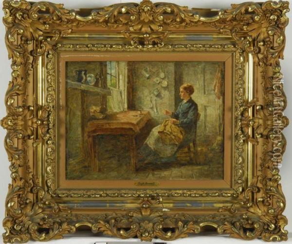 Woman Sewing In A Kitchen Oil Painting - Hugh Newell