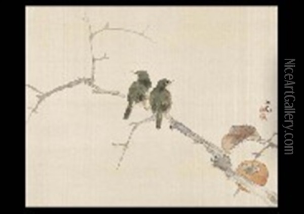 Perssimmon And White-eye Oil Painting - Kansetsu Hashimoto