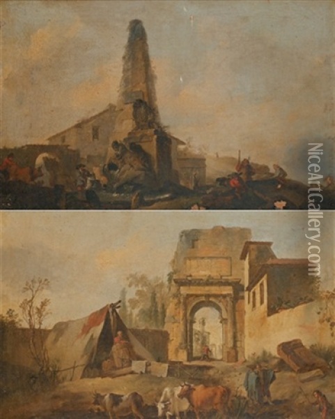 Paysage A La Fontaine En Obelisque (+ Berger Et Son Troupeau A L'entree D'un Village; Pair) Oil Painting - Jean Baptiste Marie Pierre