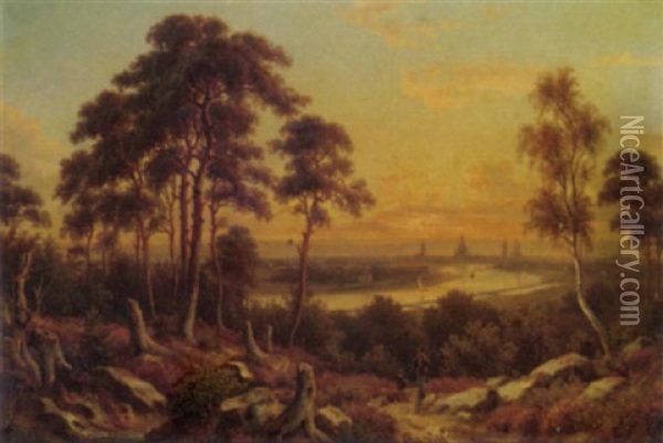 A Figure And Dog Above A Continental River At Dusk, With A Town Beyond Oil Painting - Anton Castell