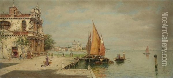 A View Of La Giudecca, Venice Oil Painting - Antonio Maria de Reyna Manescau