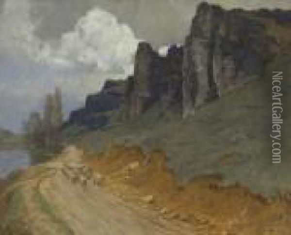 Schafer Mit Herde In Felsiger
 Flusslandschaft Oil Painting - Albert Stagura