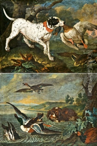 Vadaszkutya Zsakmanyaval Es Vadaszo Eb (pair) Oil Painting - Philipp Ferdinand de Hamilton
