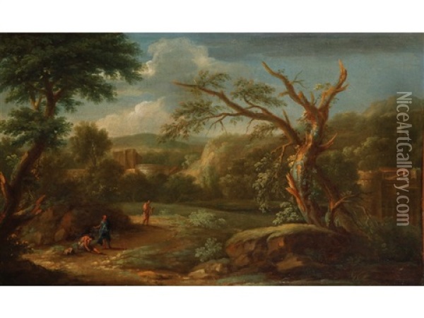 Figures In An Italianate Landscape With Ruins Oil Painting - Gaspard Dughet