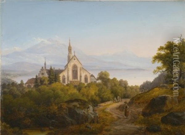 Blick Auf Eine Klosteranlage Uber Dem Vierwaldstattersee Oil Painting - August Christian Geist