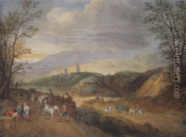 Gebirgige Flusslandschaft Mit Reisenden Oil Painting - Joseph van Bredael