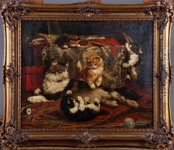 Mere Et Ses Chatons Oil Painting - Charles van den Eycken