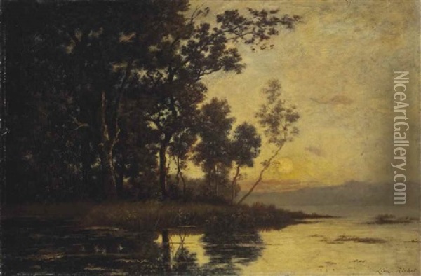 Sunset Over A Lake Oil Painting - Leon Richet