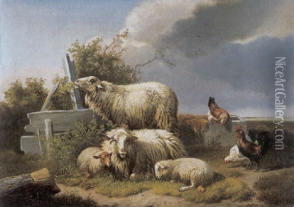 Schapen En Kippen In Een Landschap Oil Painting - Henri De Beul