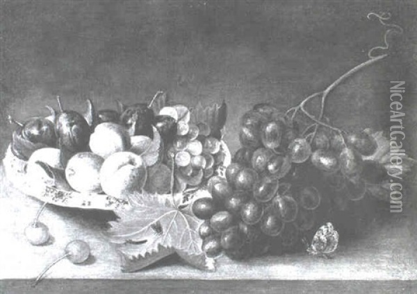 A Still Life Of A Bunch Of Grapes And A Wanli Bowl          Containing Plums And Peaches Oil Painting - Jacob van Hulsdonck