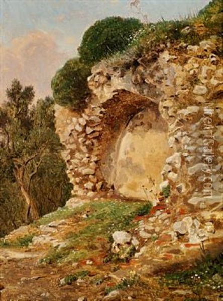 En Kildegrotte. Italiensk Landskab Oil Painting - Constantin (Carl Christian Constantin) Hansen