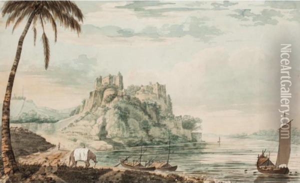 The Fort Of Chunargar On The River Ganges, Near Benares, Seen From The West Side; A View Of An Insulated Rock At Jangerah On The River Ganges, With A Bungerow. Oil Painting - Henry Cook