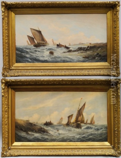 Fishing Boats Off The Shore In Choppy Waters (pair) Oil Painting - William Henry Williamson