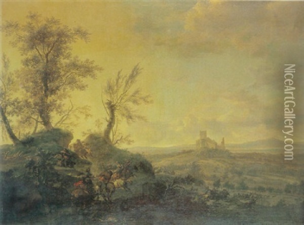 An Extensive Mountainous Landscape With A Cavalry Skirmish, A Ruined Castle Beyond Oil Painting - Frederick De Moucheron