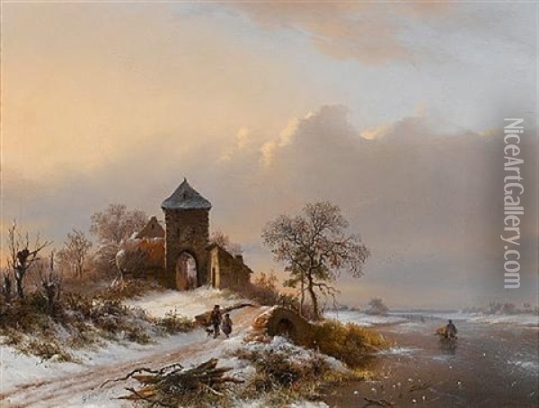 Winter Landscape With The Entrance Gate Of The Brewery At Vilvoorde Oil Painting - Frederik Marinus Kruseman