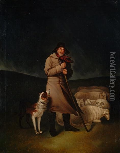 A Shepherd, His Dog And A Herd Of Sheep Under A Night Sky Oil Painting - Edgar Giberne