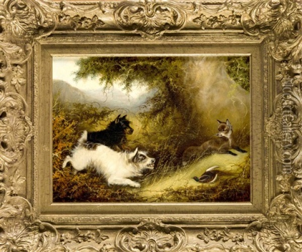 Landschaft Mit Zwei Terriern, Die Einen Fuchs Vom Erlegten Fasan Vertreiben Oil Painting - George Armfield