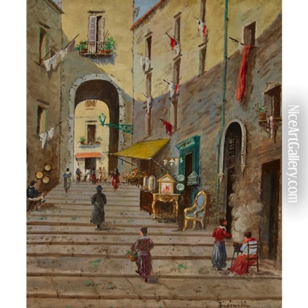 Suditalienische Stadt Mit Torbogen Und Beflaggten Fassaden Oil Painting - Oscar Ricciardi