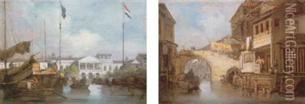 The British And Dutch Factories At Canton (+ Canal And Bridge At Honam, Canton; 2 Works) Oil Painting - George Chinnery