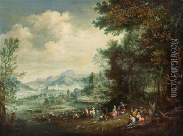 Bewaldete Flusslandschaft Mit Lagernden Personen Am Rechten Ufer Oil Painting - Johannes Jakob Hartmann