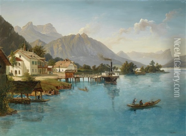 Burgau Am Attersee Gegen Den Schafberg Oil Painting - Franz Reinhold