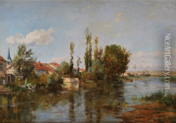 Village Lorrain Au Bord De La Riviere Oil Painting - Edmond Marie Petitjean