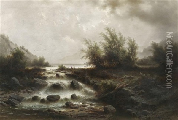 Wasserfall Am Gebirgssee Oil Painting - Albert Rieger